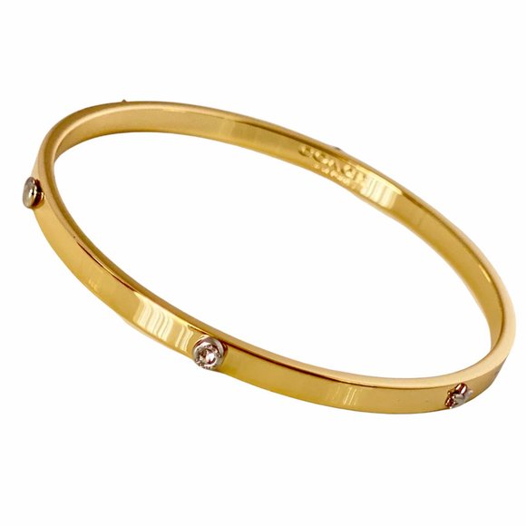AUTH NEW COACH GOLD New York Bangle Bracelet Silver Studs with Tag & Dust Bag - Picture 1 of 4